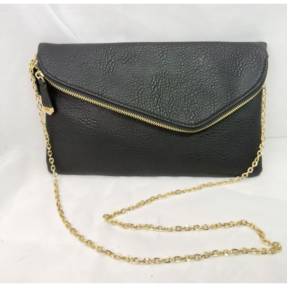 Urban Expressions Black Envelope Clutch Crossbody Vegan‎ Leather Gold Chain Ba